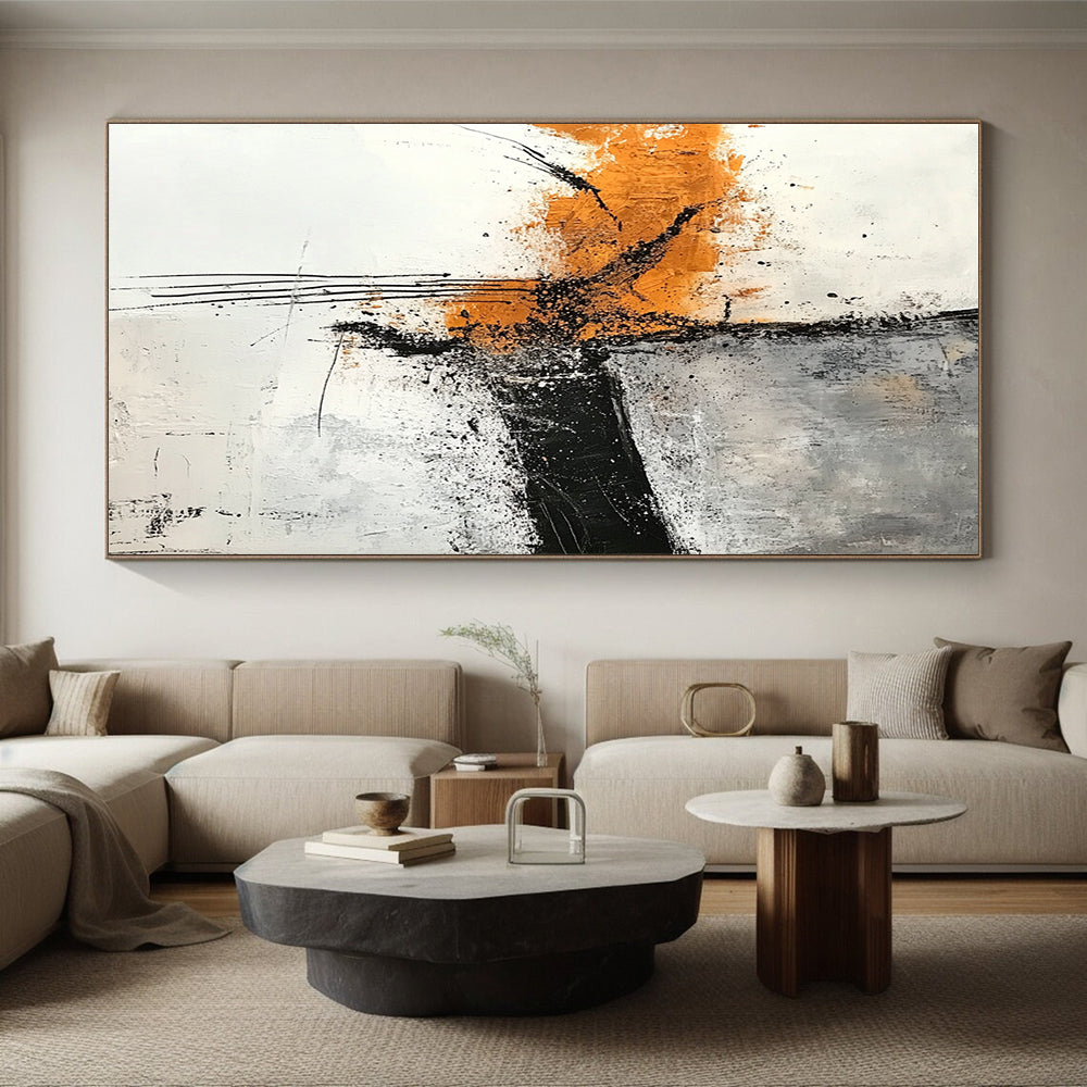 Hand-Painted Orange, Black, and White Abstract Expressive Painting For Sale HS111