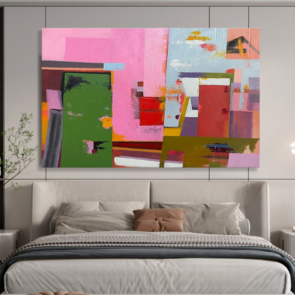 Horizontal Pink, Green, and Multicolor Geometric Abstract Art, Abstract Acrylic Painting WB173