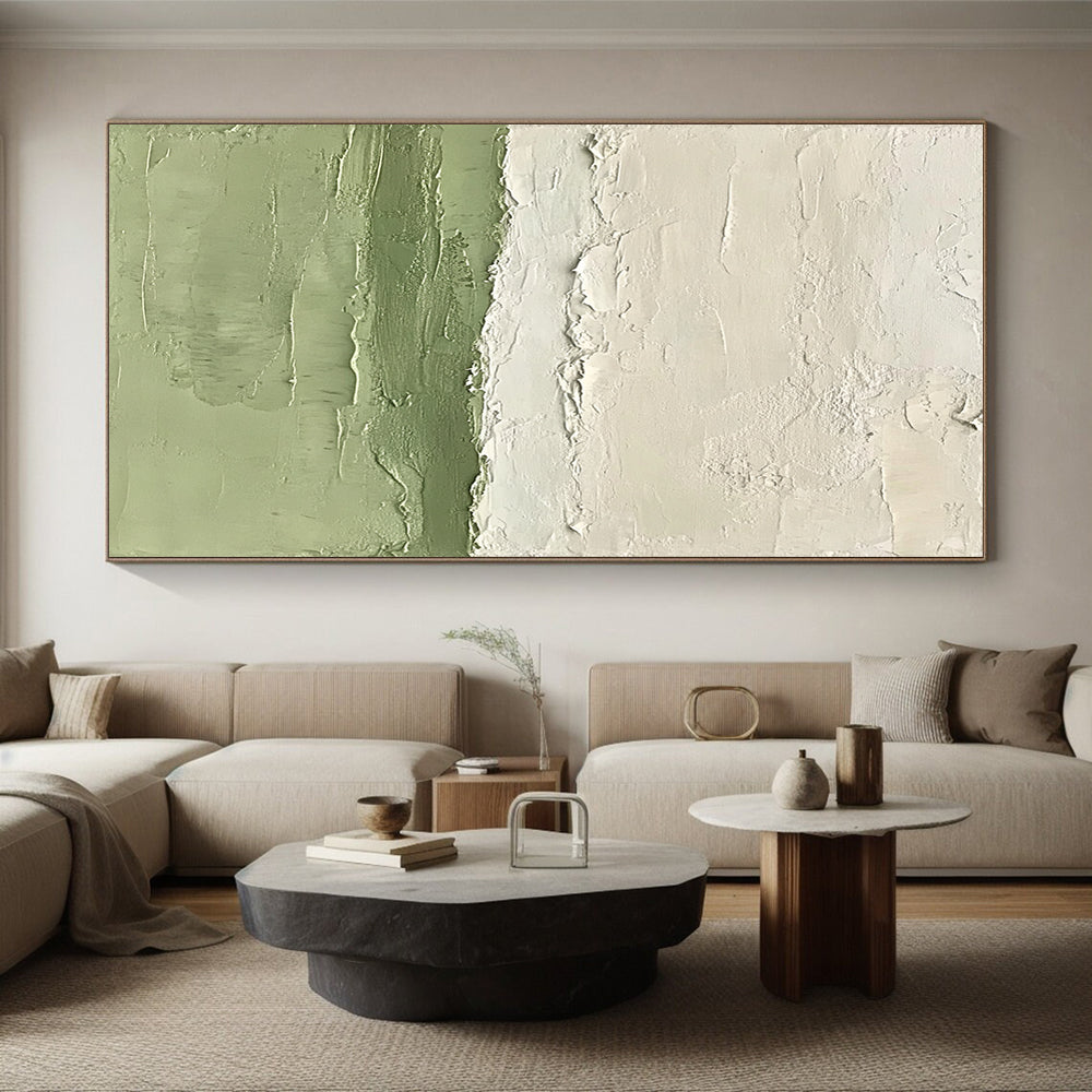 Hand Painting Green and White Textured Minimalist Abstract Art HS190