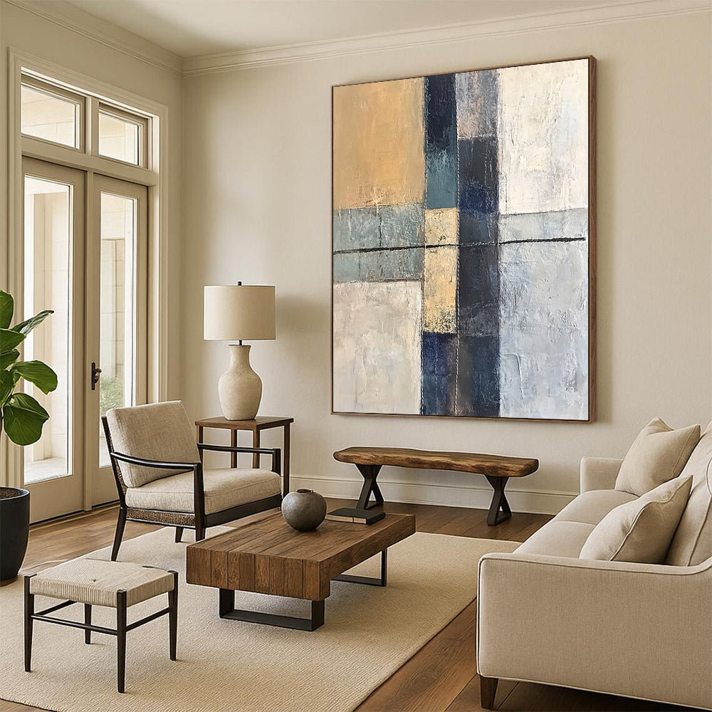 Handmade Art Beige, Gray, and Blue Abstract Geometric Painting For Sale HS153