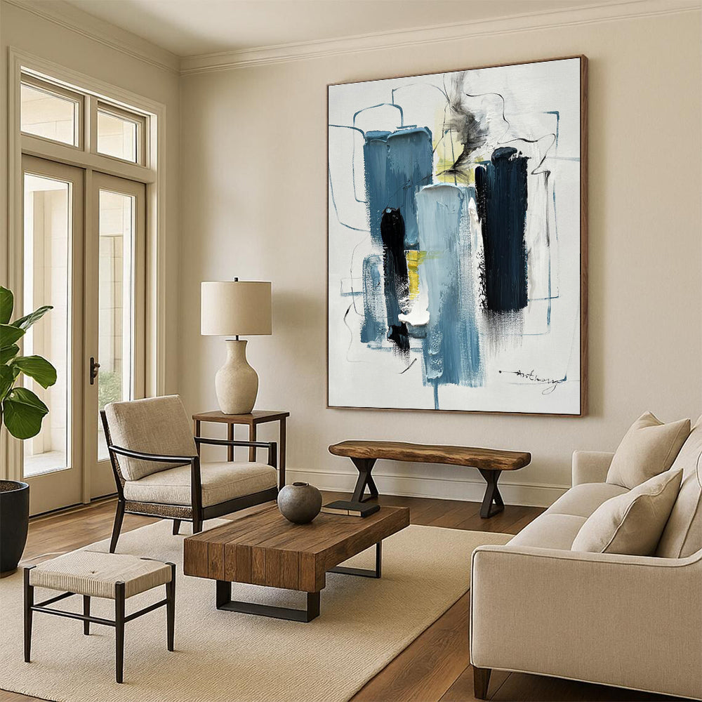 Large Contemporary Wall Art with Blue, Black, White and Yellow Colors, Abstract Urban Theme HS479