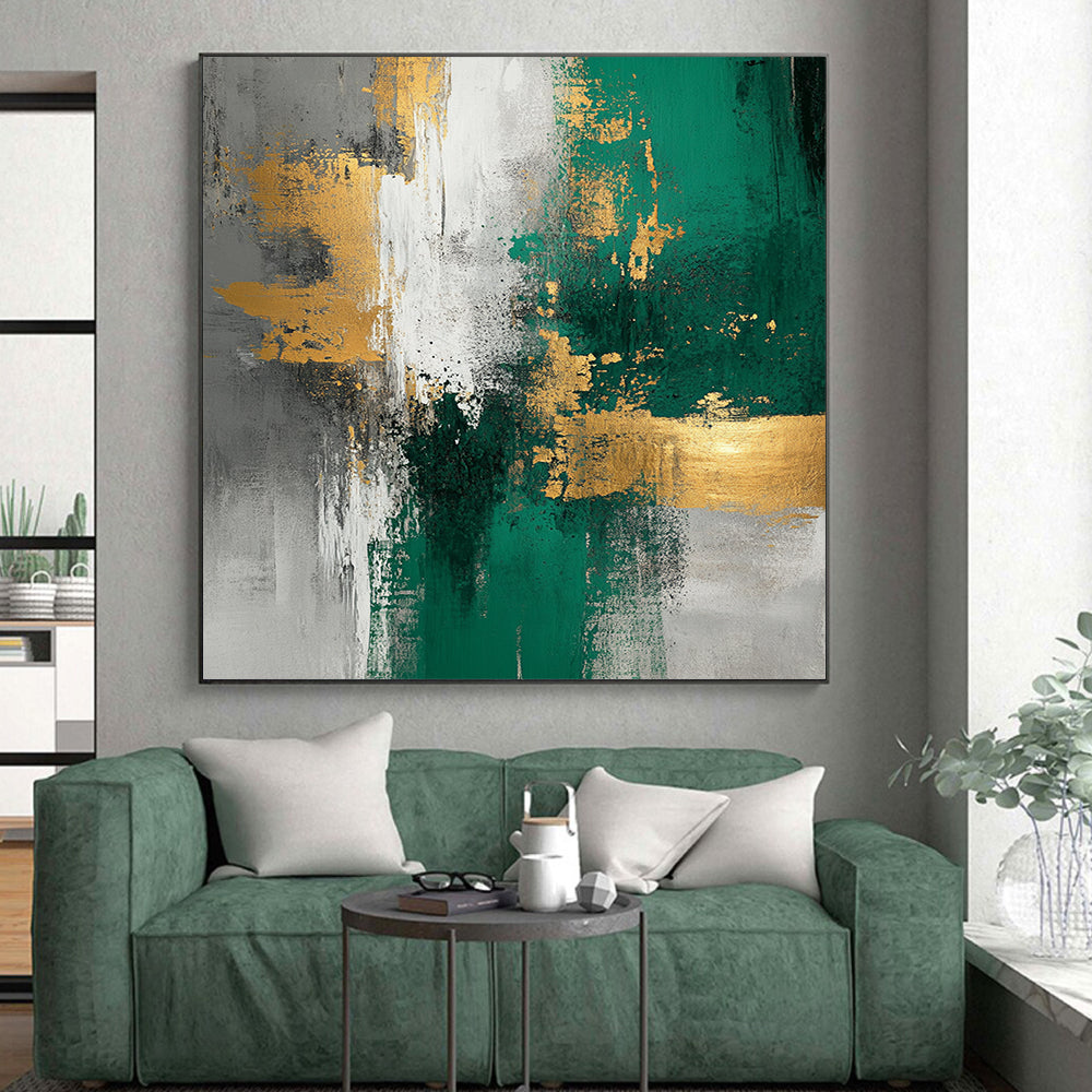 Large Size Green, Gold, and Gray Abstract Textured Painting For Sale HS110