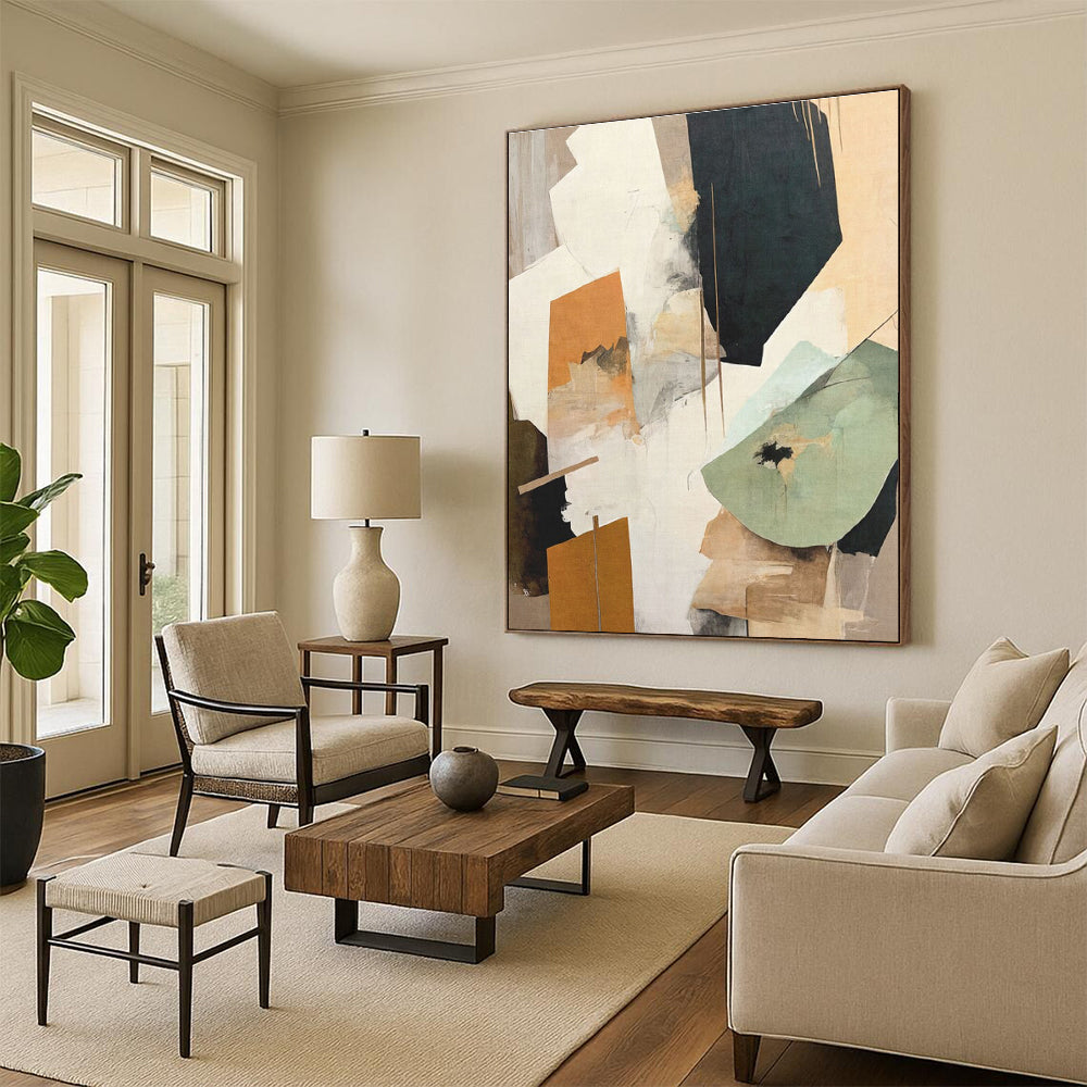 Oversized Abstract Wall Art Geometric and Organic Shapes in Warm Neutrals HS580