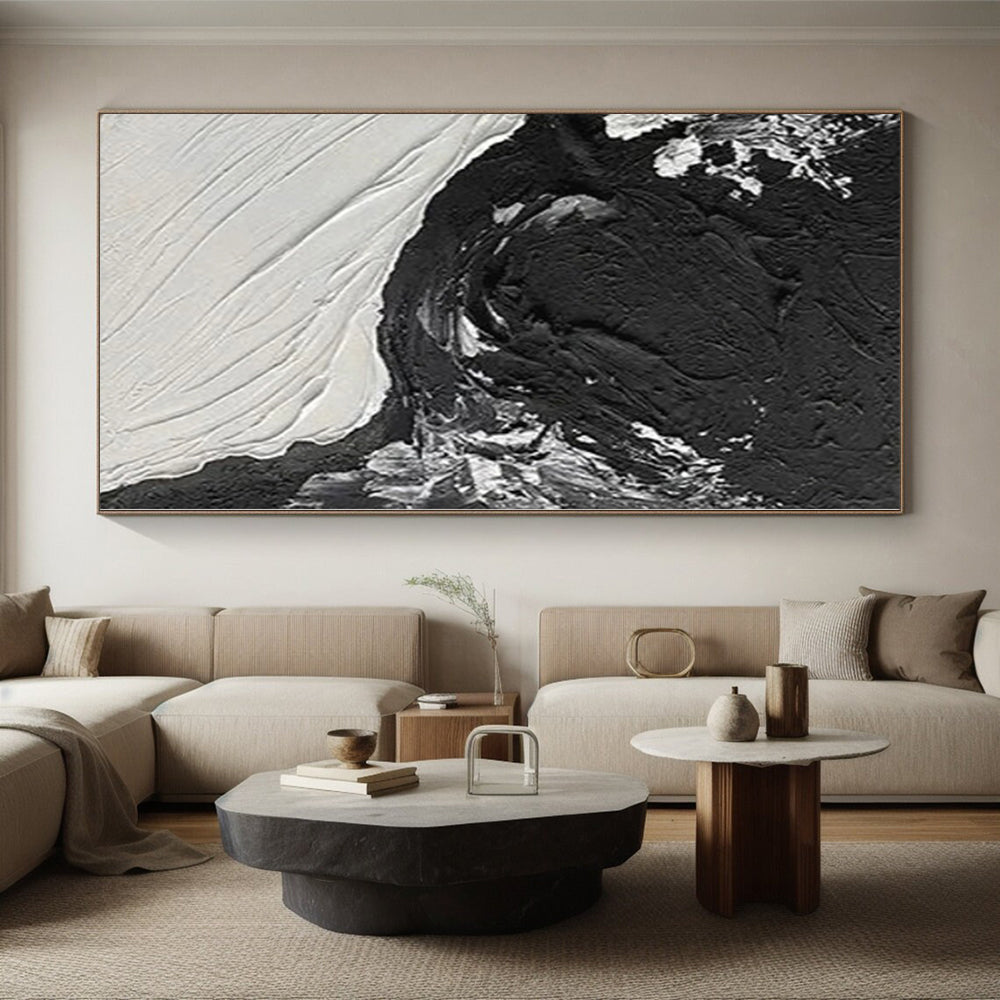 Hand-Painted Black and White Textured Abstract Contrast Painting For Sale HS019