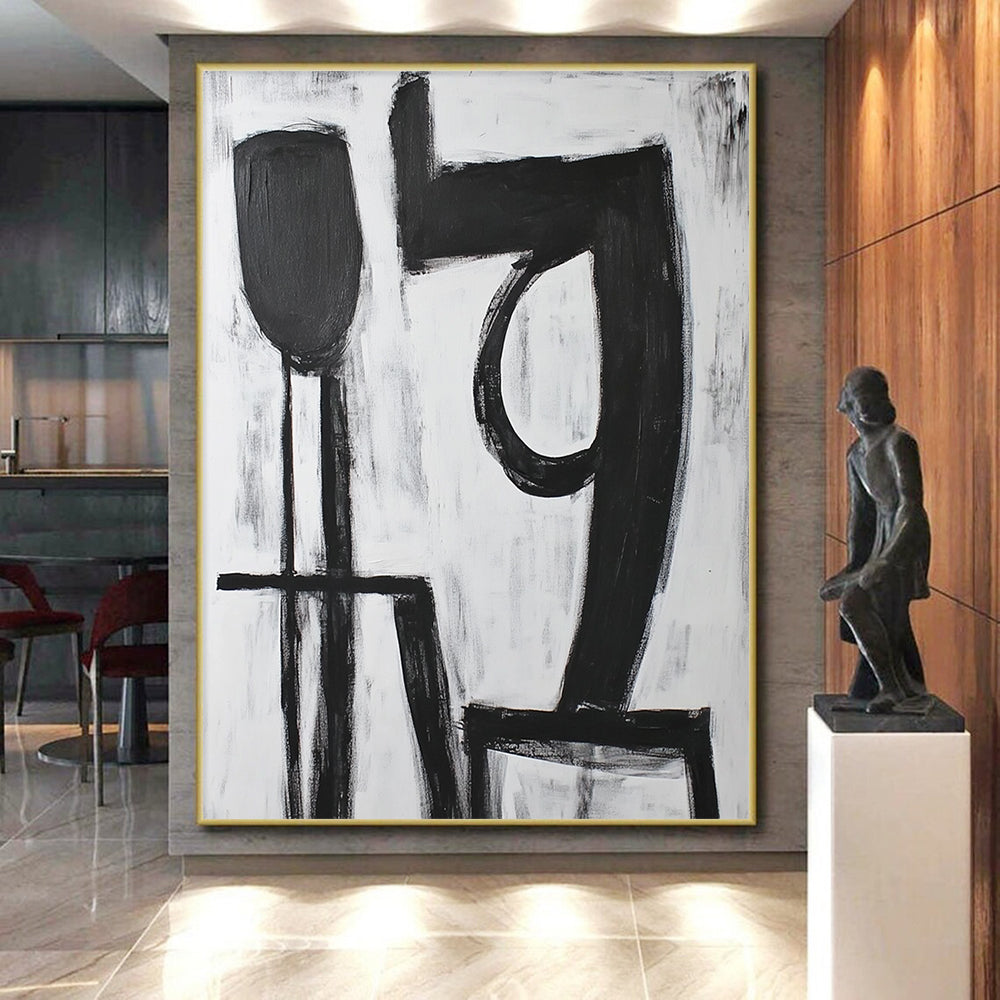 Hand-Painted Black and White Geometric Abstract Art HS194