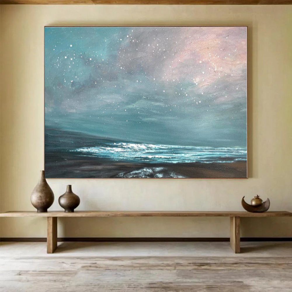 Blue, White Abstract Starry Seascape Acrylic Painting WB037
