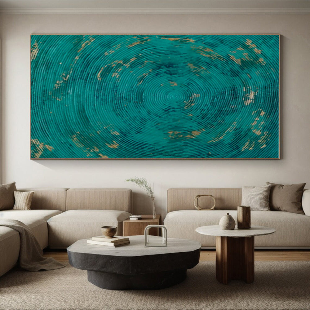Handmade Art Teal and Gold Circular Textured Abstract Art HS615