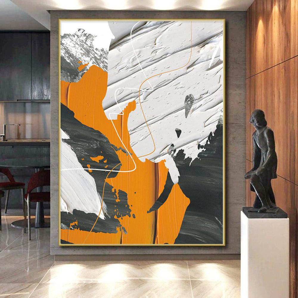 Hand-Painted Orange, Black, and White Abstract Textured Painting For Sale HS090