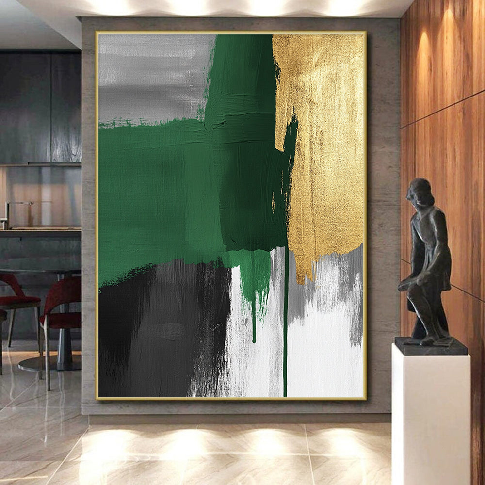 Handmade Art Green, Gold, and Gray Abstract Expressionist Art HS197