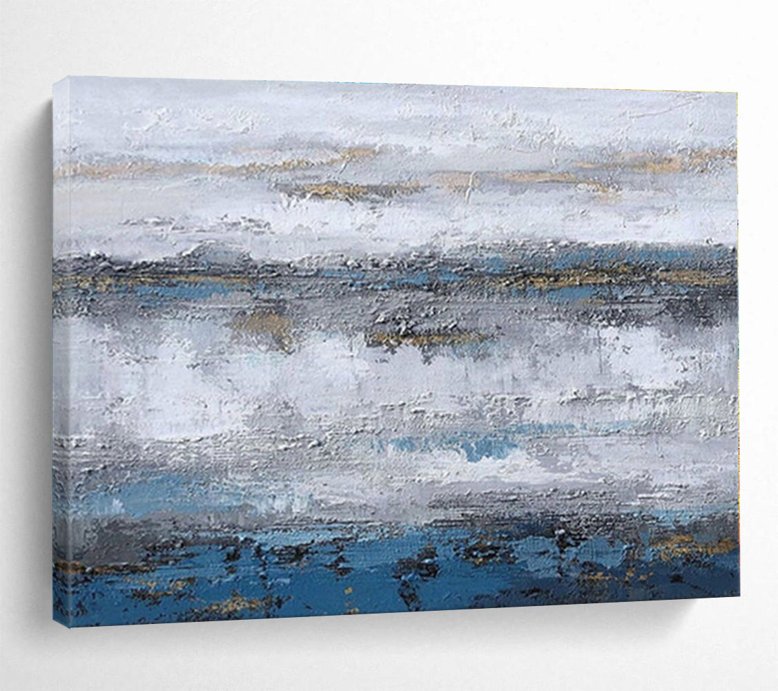 Extra Large Size Blue, Gray and Gold Abstract Textured Landscape Painting WB124