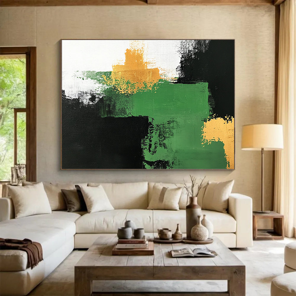 Handmade Art Green, Black, and Gold Abstract Shape Painting For Sale HS145