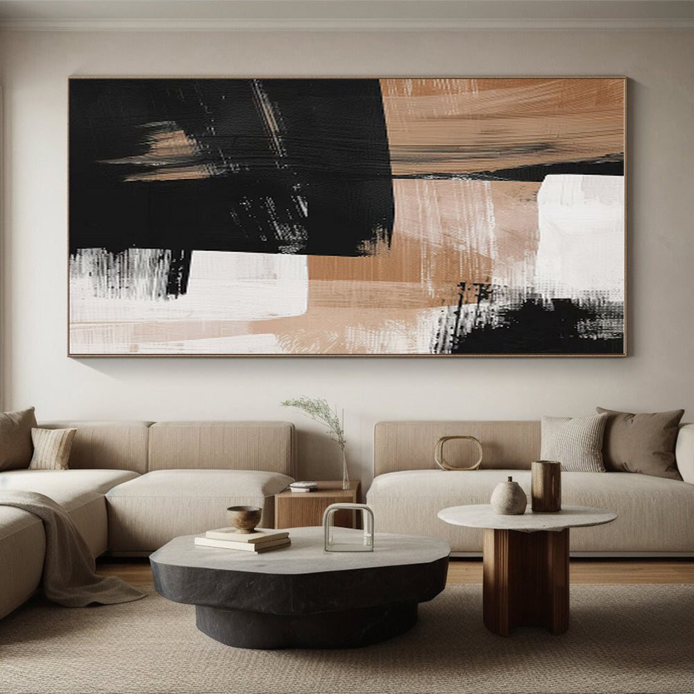 Hand-Painted Black, Beige & White Gestural Abstract, Acrylic Modern Art Painting HS442