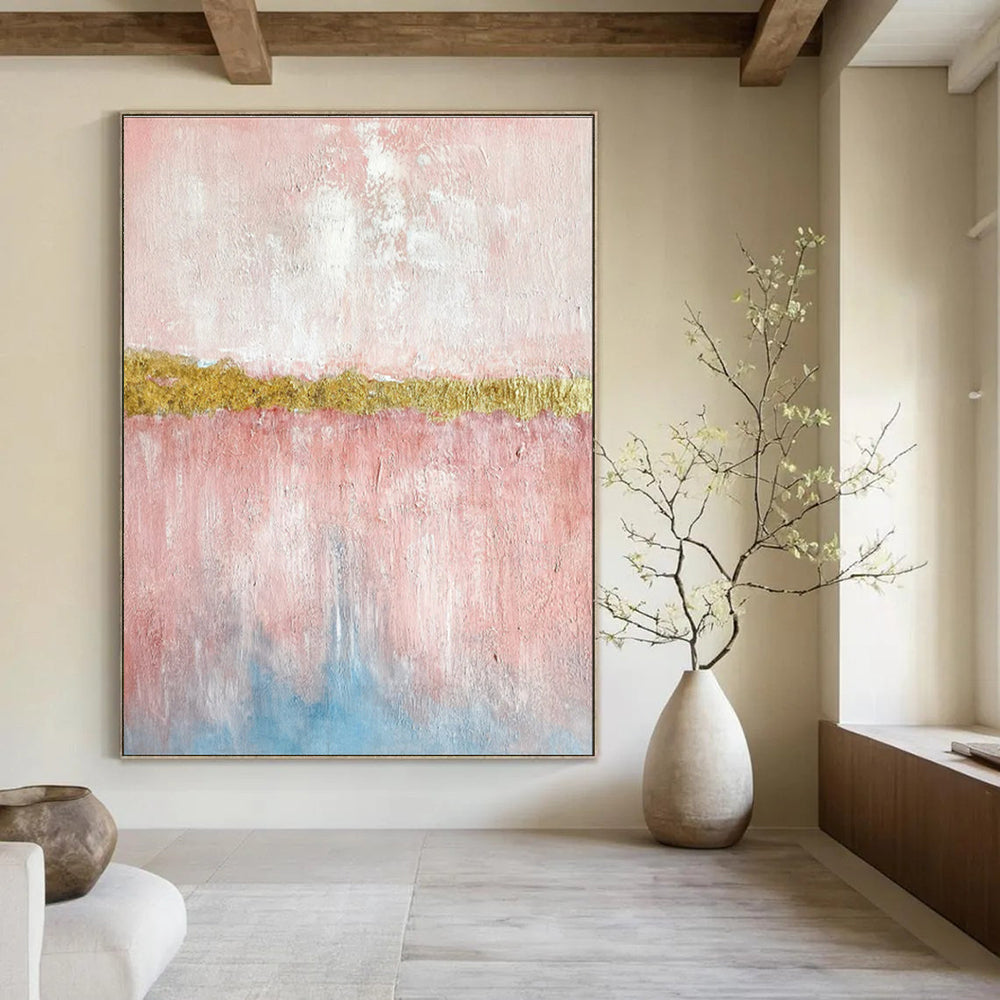Pink, Gold, and Blue Abstract Color Block Painting For Sale WS507
