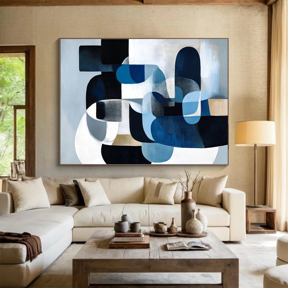 Big Size Blue, Black, and Beige Geometric Abstract Art WB252