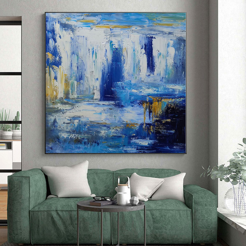 Hand-Painted Blue and Gold Abstract Waterfall Painting For Sale HS065