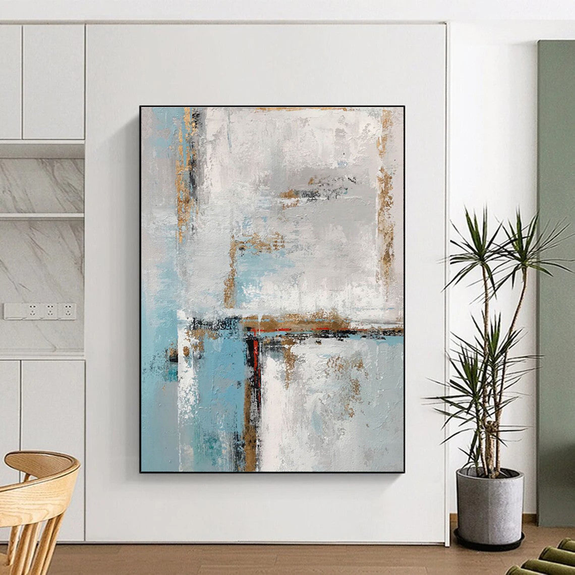 Unique Abstract Art Blue, White & Gold Textured Abstract, Large Contemporary Wall Art HS427