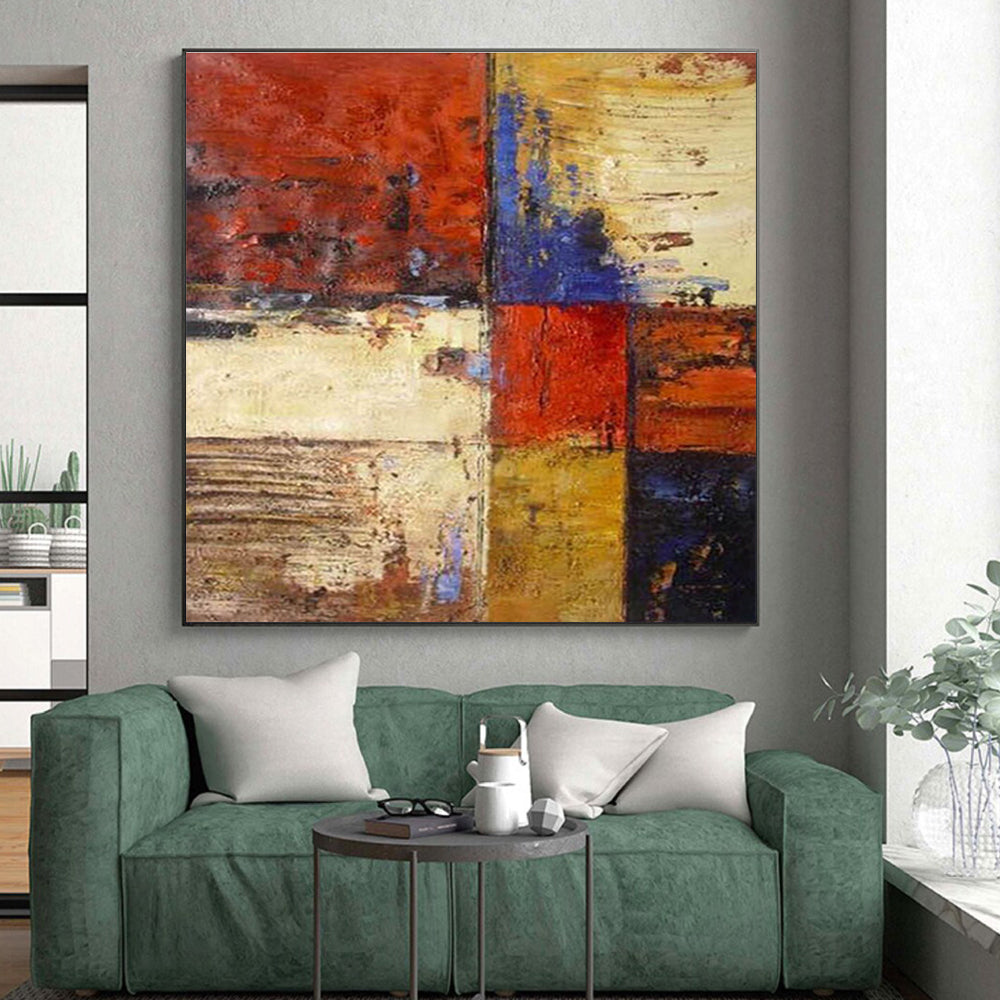 Big Painting Red, Blue, Yellow & Brown Abstract Geometric Blocks Art HS385