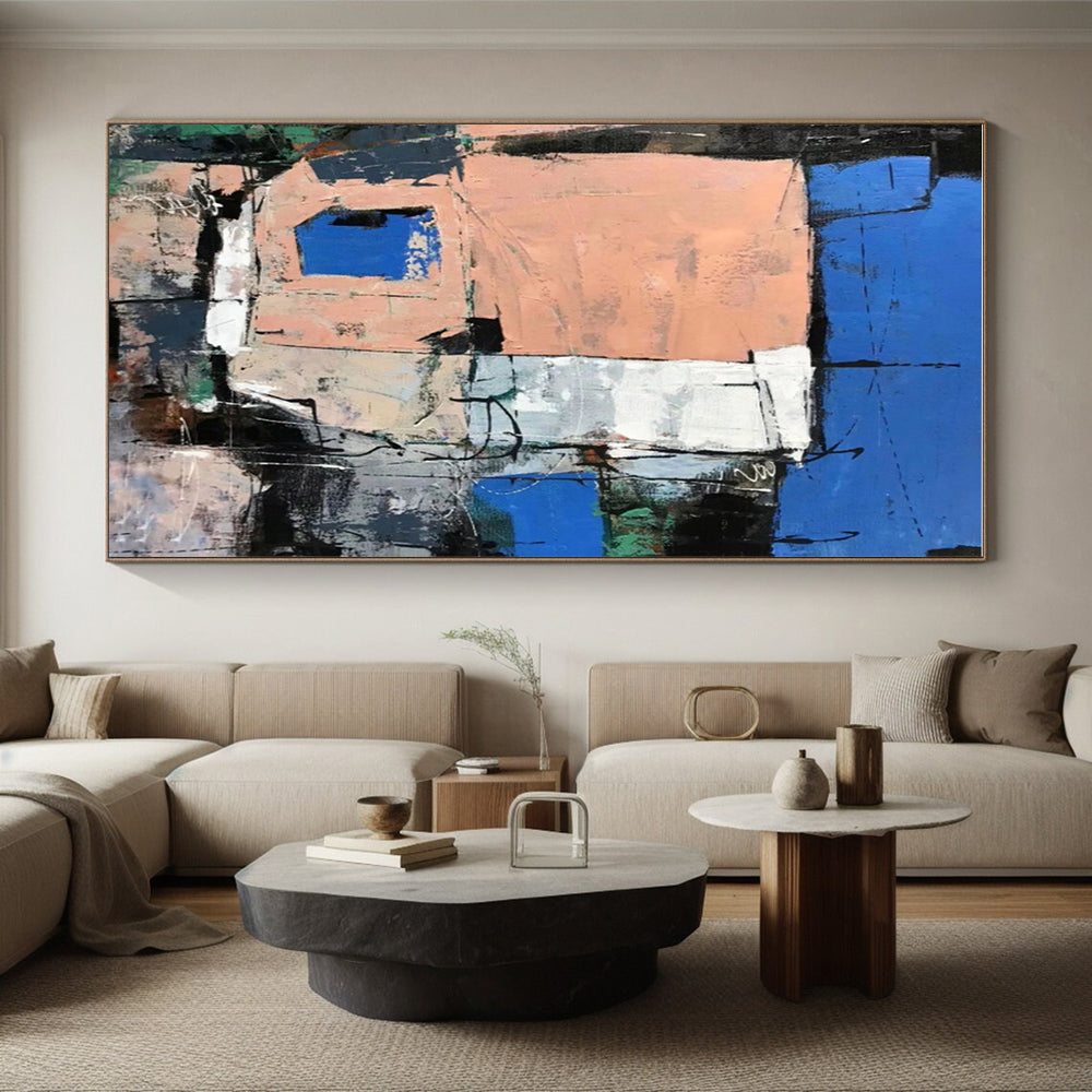 Hand-Painted Blue, Pink & Gray Gestural Abstract, Acrylic Modern Art Painting HS454