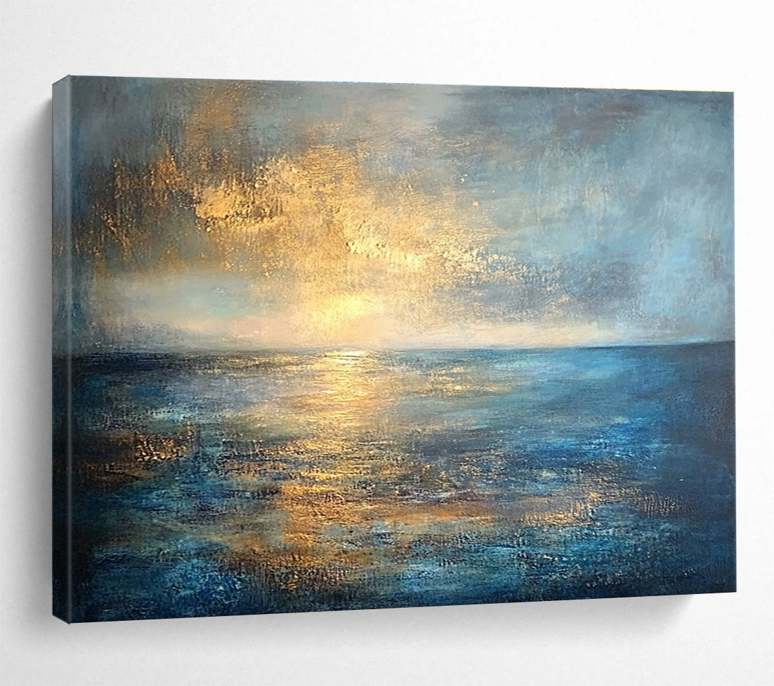 Huge Size Blue, Gold, and Gray Abstract Sunset Over Ocean - Acrylic Painting WB288