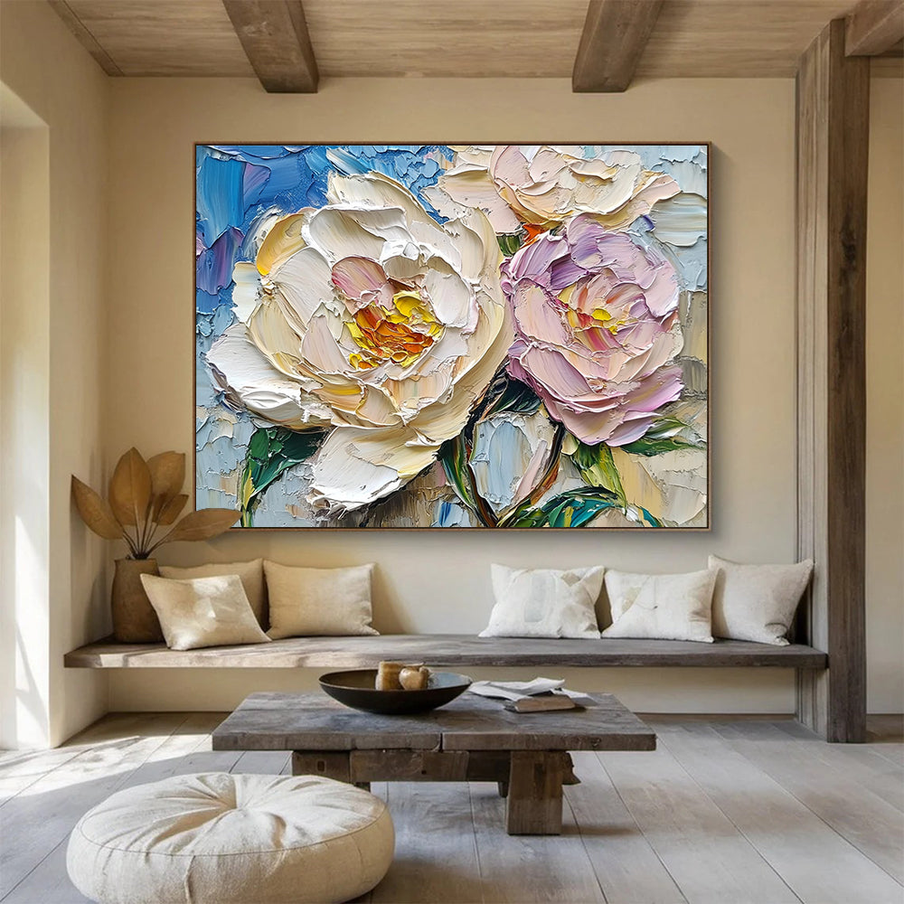 Hand Paintings with Cream, Pink and Blue Colors, Peony Flower Theme Abstract Art WB322