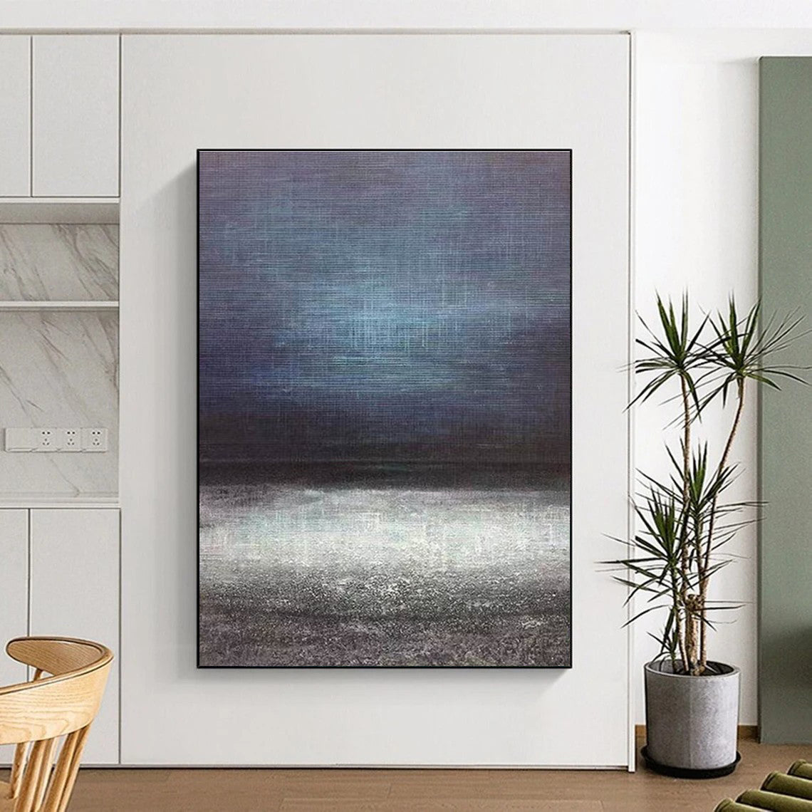 Unique Abstract Art Blue & Gray Textured Landscape, Large Contemporary Wall Art HS253