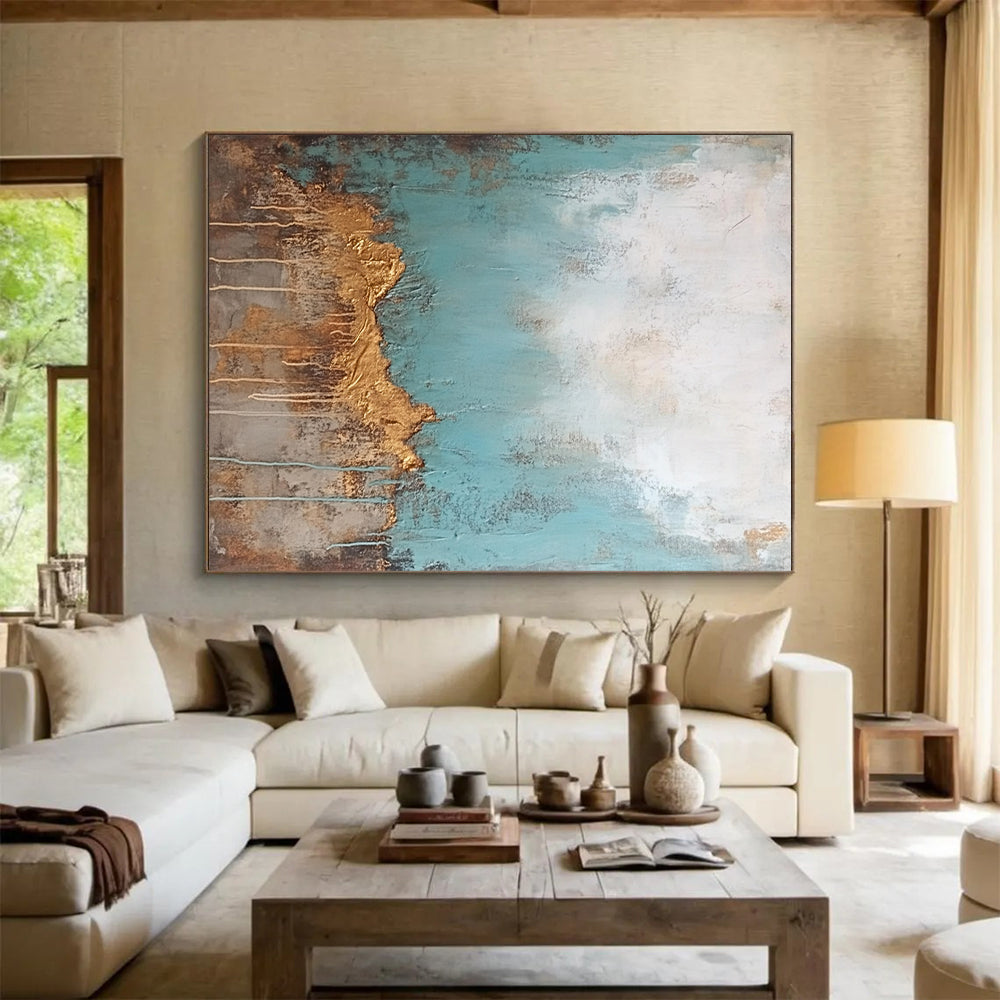 Hand Painted Art Teal, Gold, and Brown Abstract Textured Painting For Sale HS149