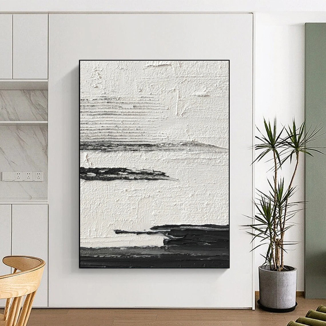 Minimalist Canvas Art Black & White Textured Abstract, Handmade Art HS268