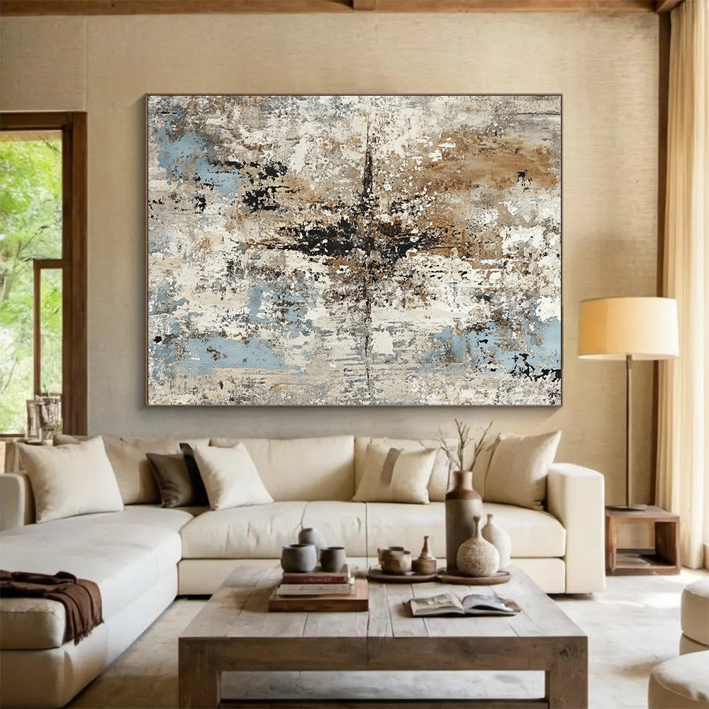Oversized Abstract Wall Art Neutral and Blue Textured Abstract Painting HS180
