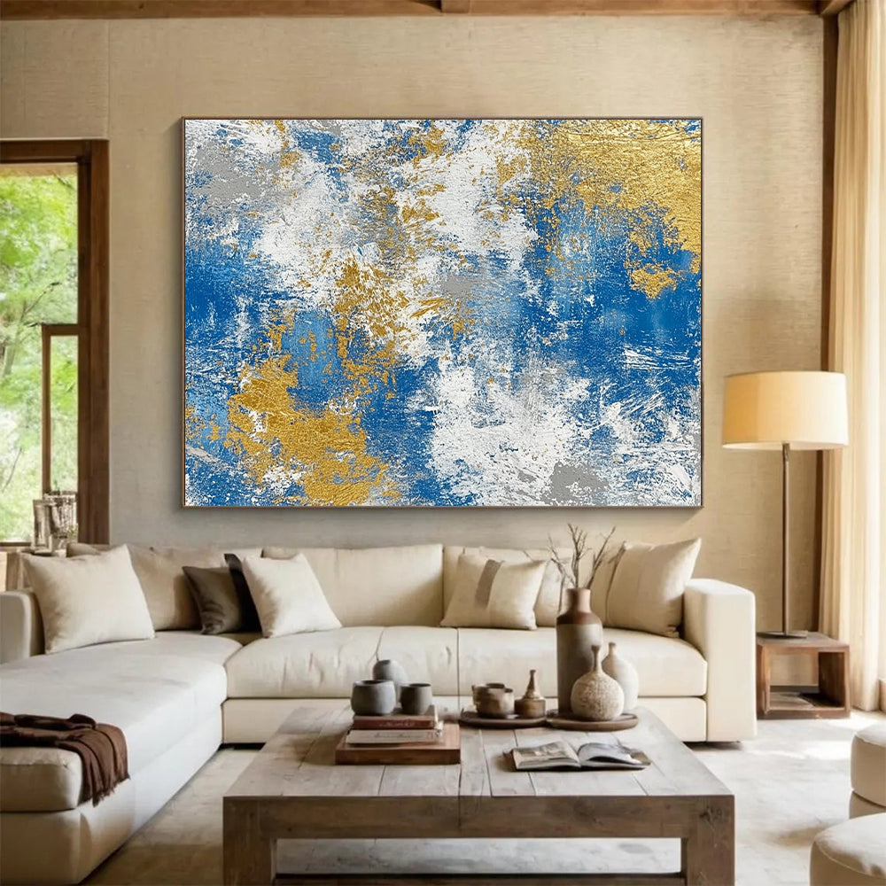 Handmade Art Blue, White, and Gold Abstract Textured Painting For Sale HS118