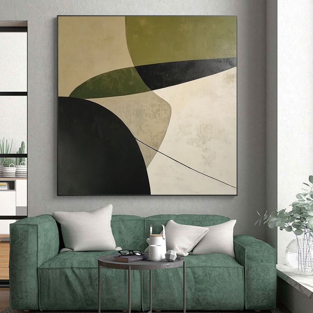 Handmade Art Green, Black, and Beige Geometric Abstract Art HS188