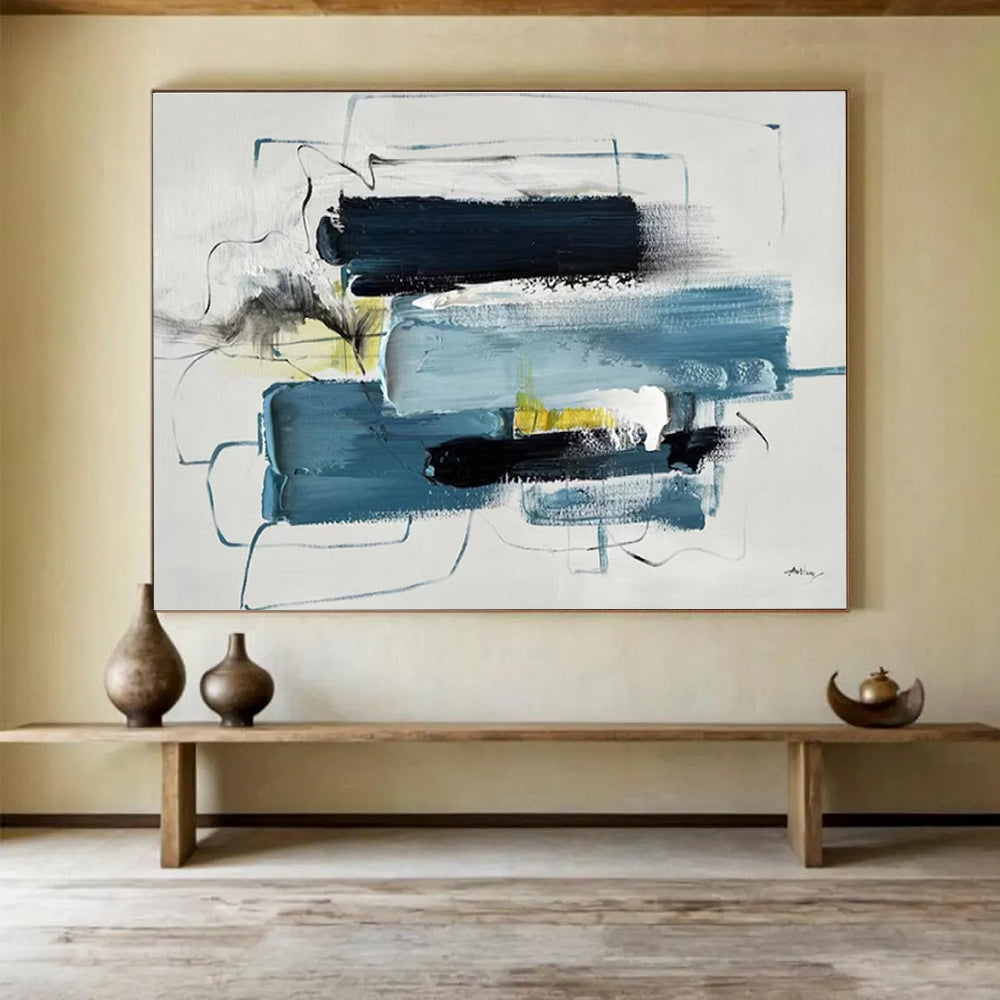 Modern Art Acrylic: Blue Black and Yellow Abstract Painting WB353