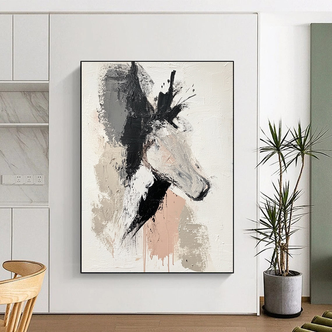 Unique Abstract Art Gray, Black, and Beige Abstract Horse Painting For Sale HS143
