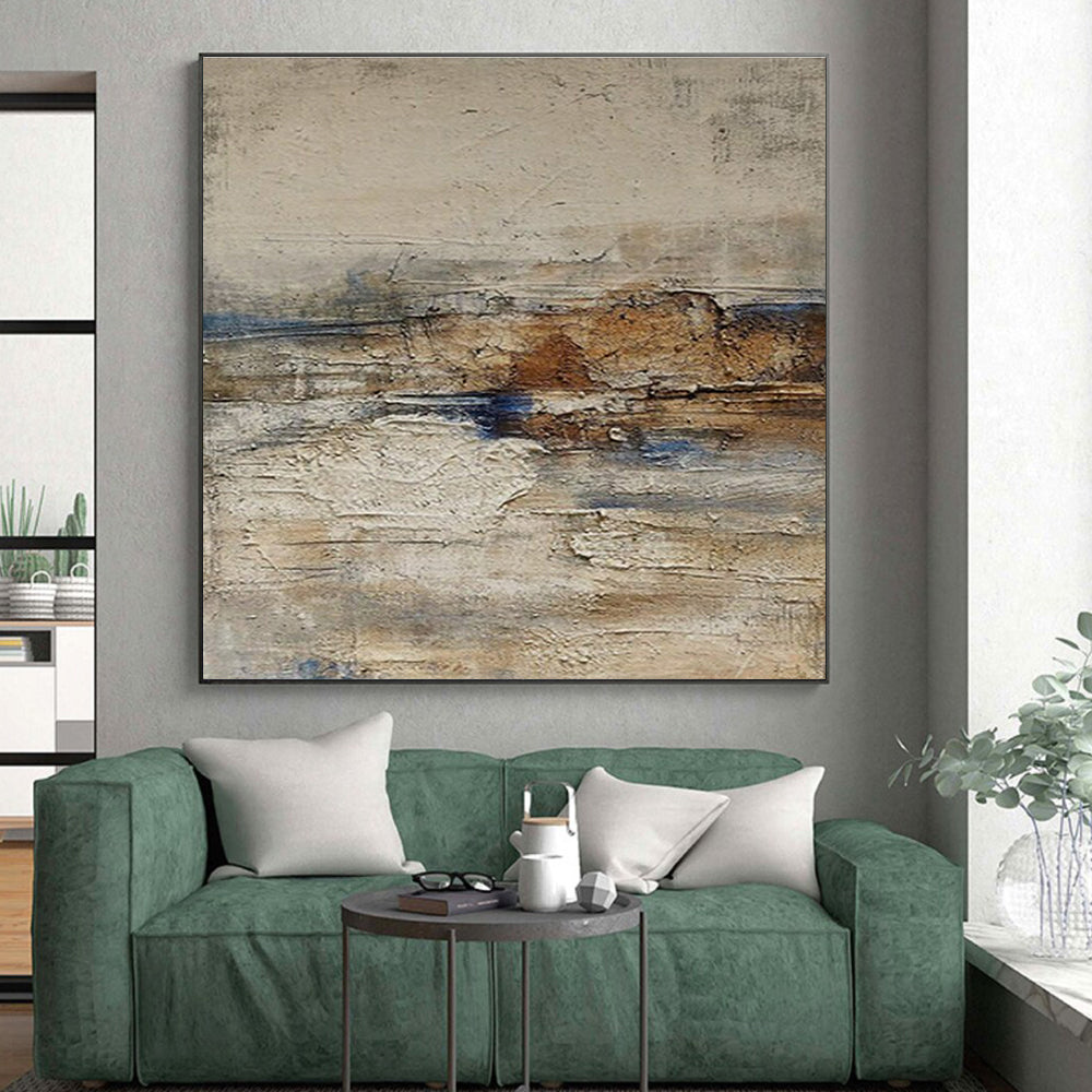 Handmade Art Beige, Brown, and Blue Textured Abstract Landscape HS630