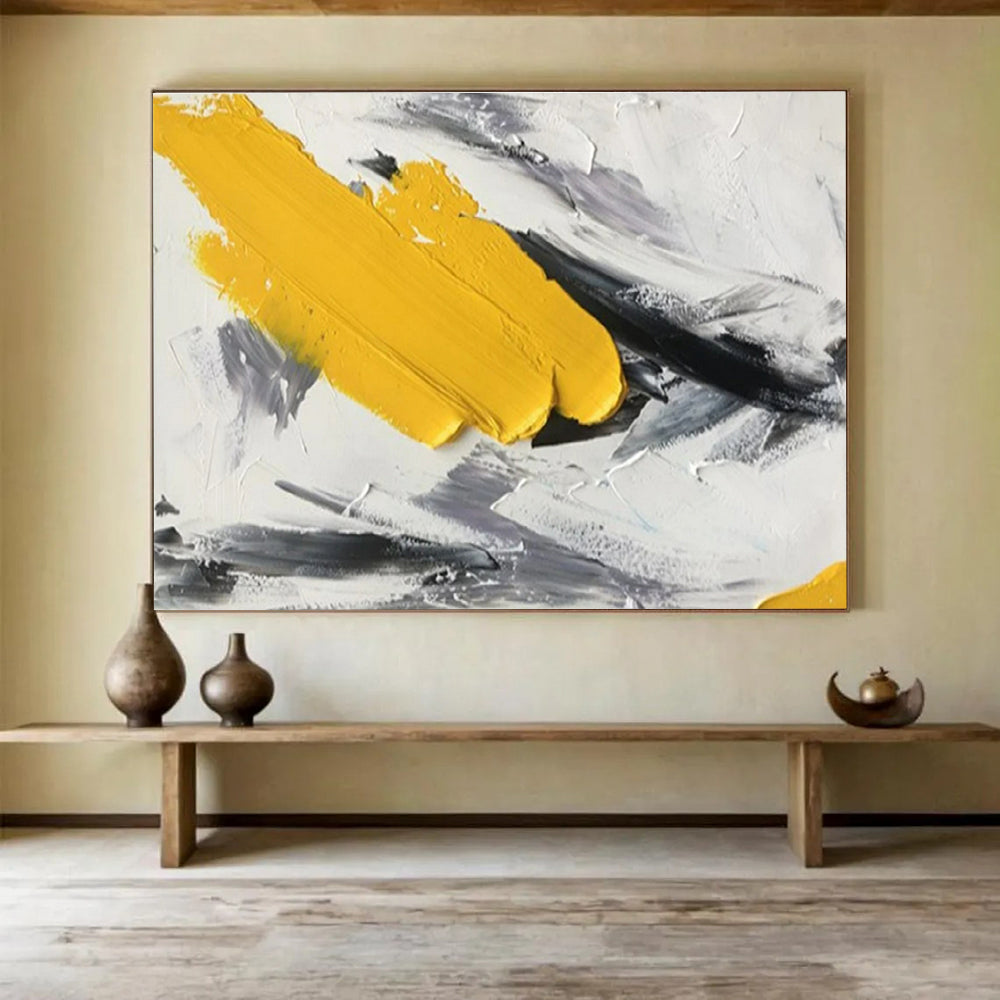 Modern Art Abstract Paintings Bold Yellow Black and White Textured Abstract Painting WB336