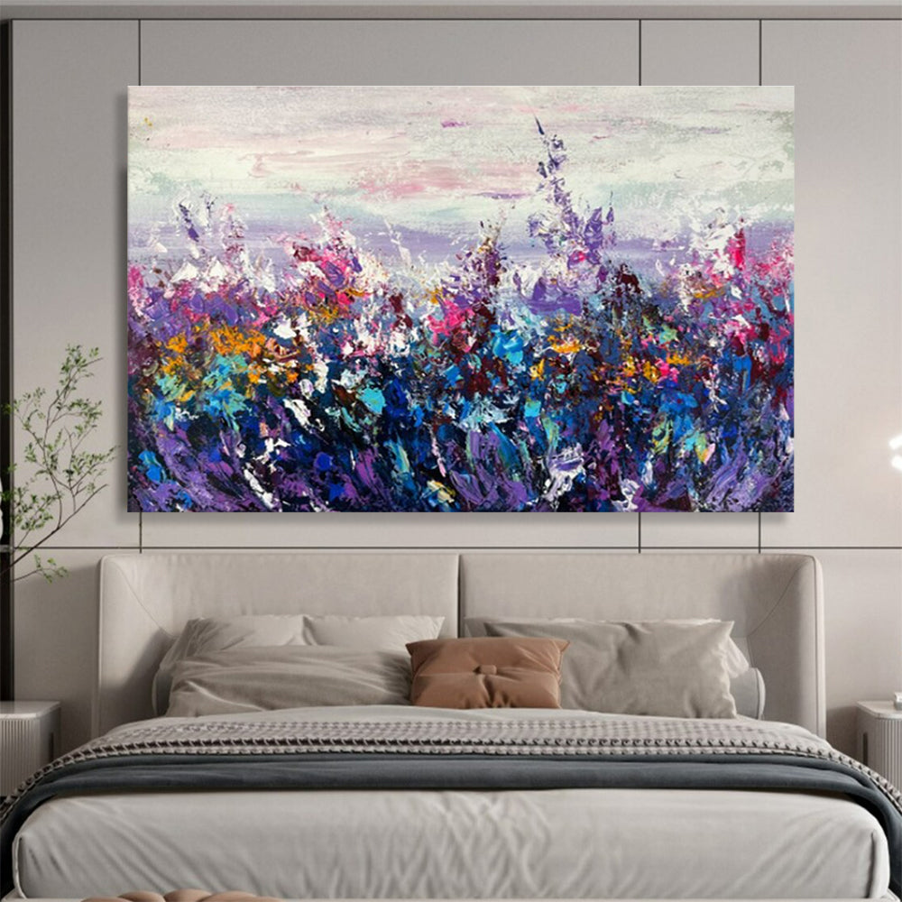 Hand Paintings: Purple Pink and Blue Floral Field Abstract Painting WB345