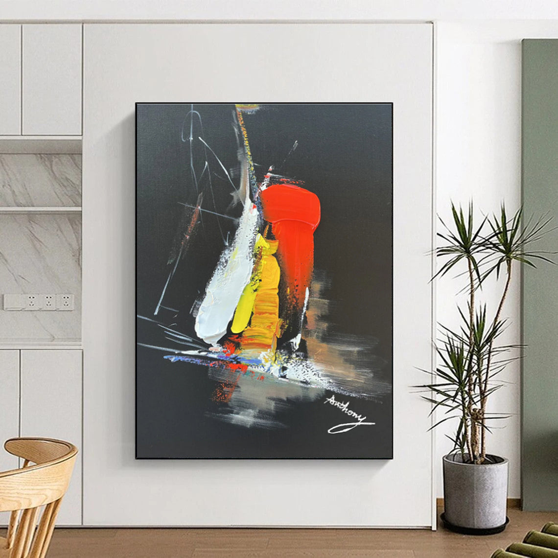 Hand-Painted Art with Red, Yellow, White and Black Colors, Dynamic Abstract Theme on Black Background HS478