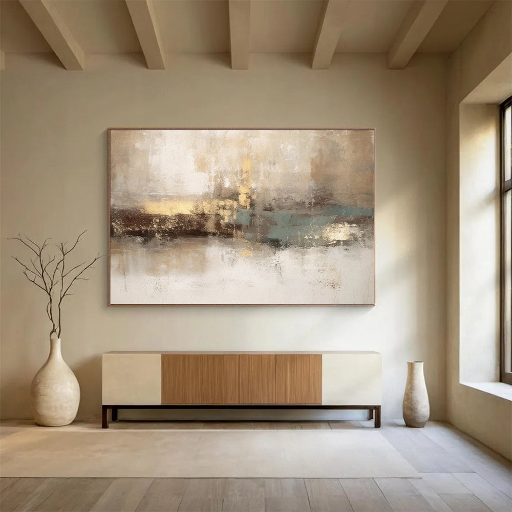 Horizontal Big Size Beige, Brown and Teal Abstract Landscape Painting WB201