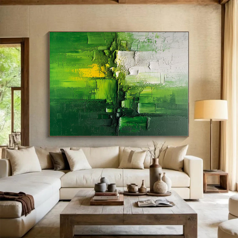 Hand-Painted Green & White Textured Abstract Art, Acrylic Modern Art Painting HS201