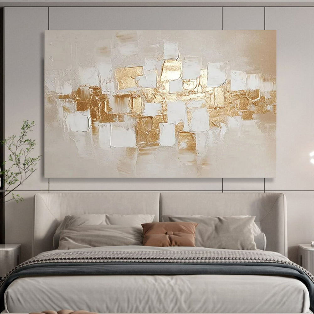 Hand Painted Art: Gold and Beige Textured Geometric Abstract Painting WB352