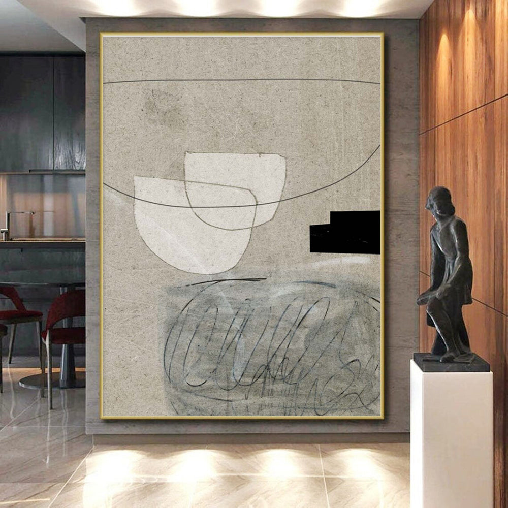 Minimalist Canvas Art Beige & Black Geometric Abstract, Handmade Art HS242