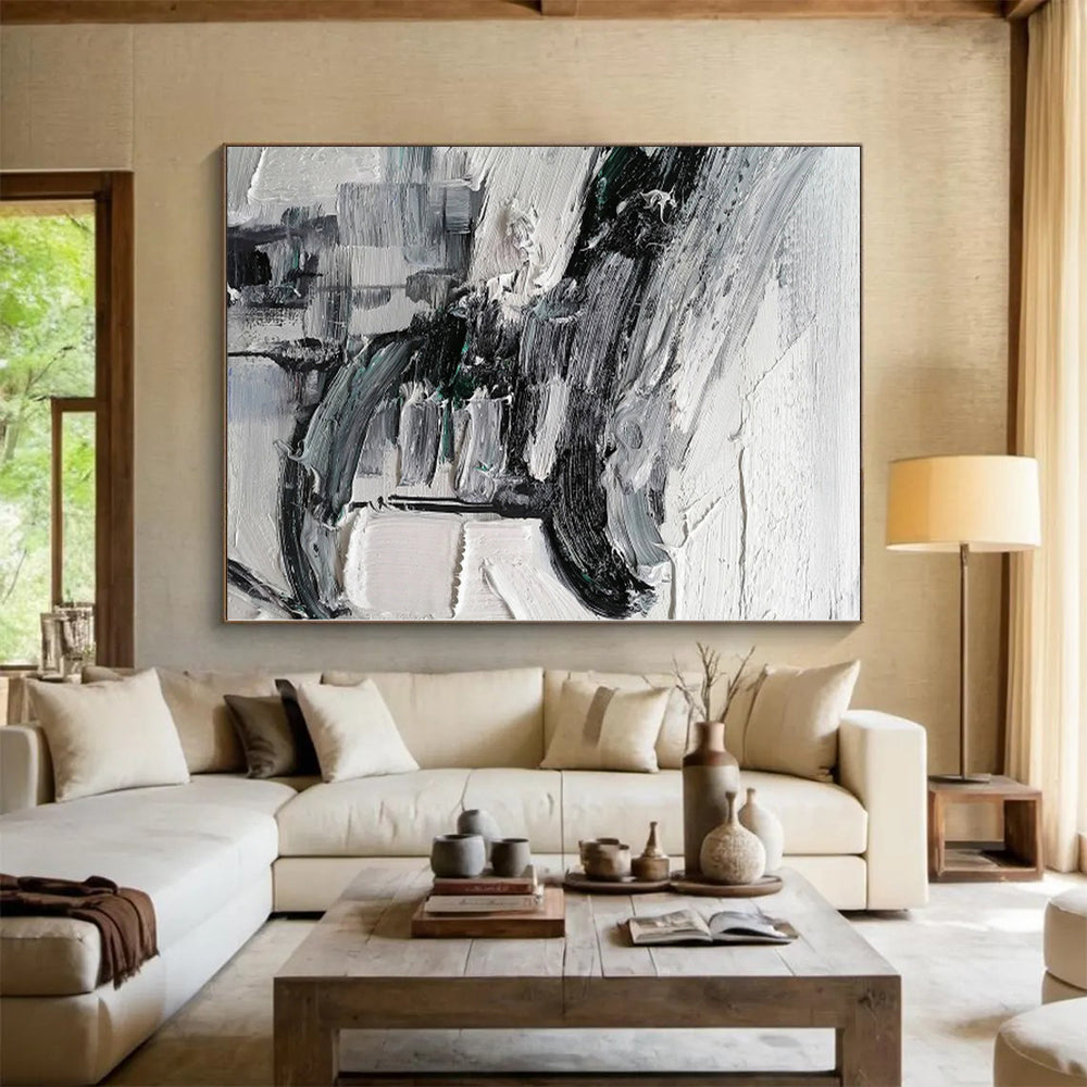Hand-Painted Black, White, and Gray Abstract Textured Urban Painting For Sale HS059