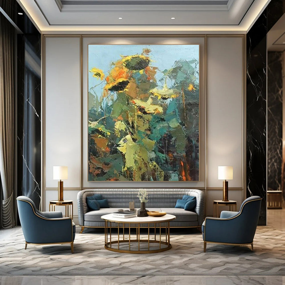 Yellow, Orange, and Green Abstract Sunflower Painting For Sale Online WS484