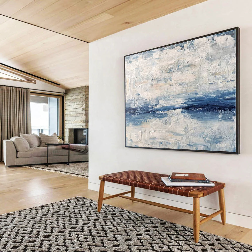 Big Size Blue and White Abstract Textured Landscape Painting WB145