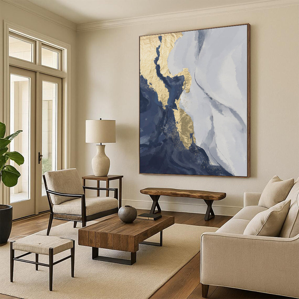 Gaint Canvas Art Blue, Gray, and Gold Abstract Marble Painting For Sale HS084