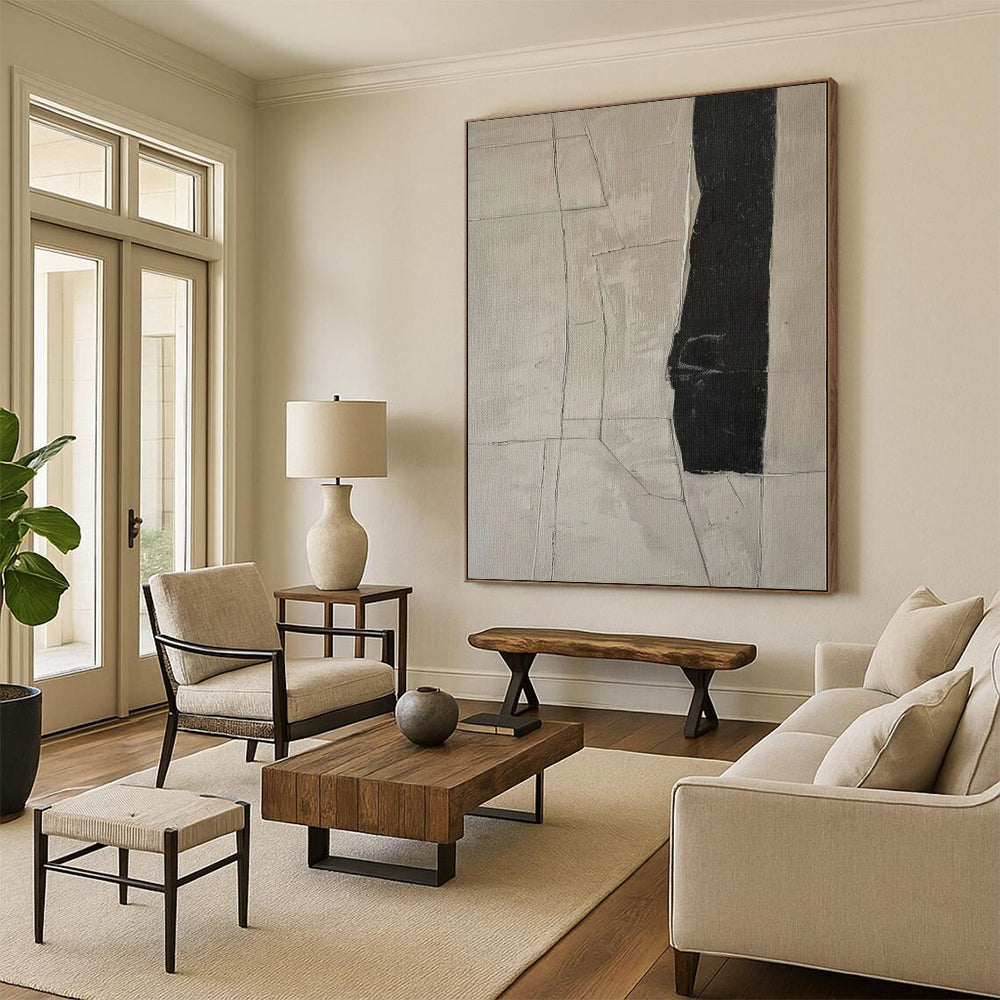 Hand-Painted Beige and Black Abstract Geometric Line Painting For Sale HS027