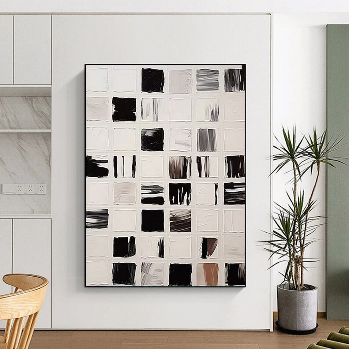 Large Size Black and White Grid Abstract Art, Cool Abstract Paintings HS555