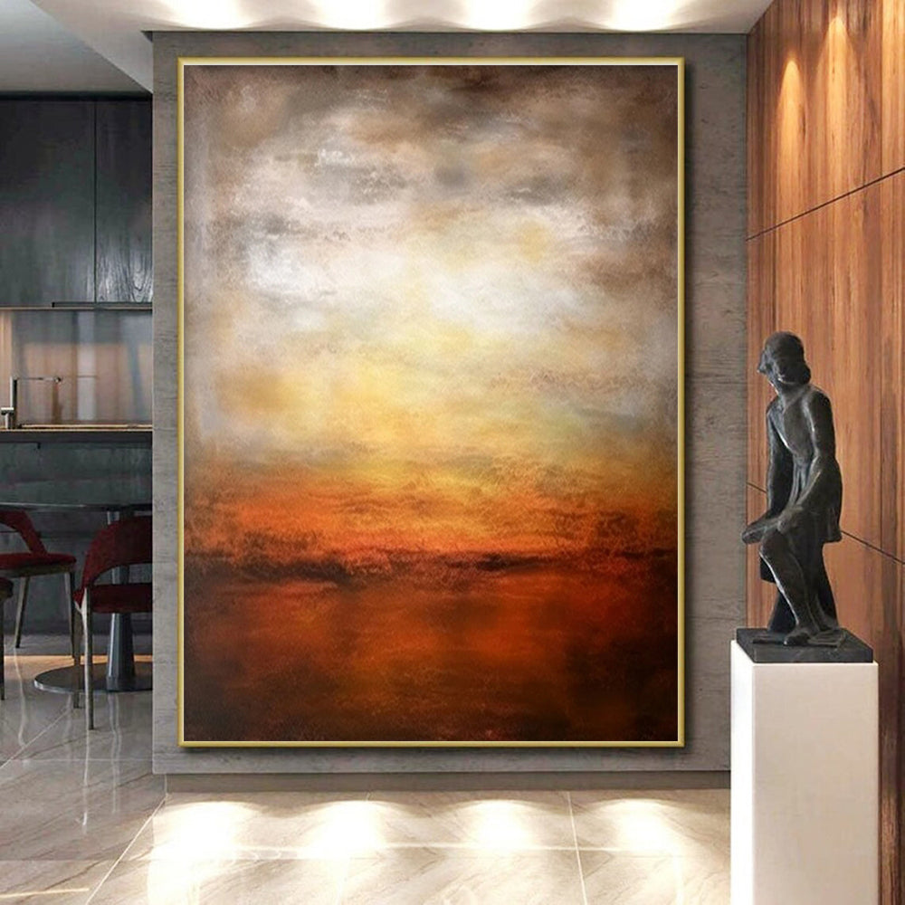 Hand Painted Art Orange, Yellow & Brown Abstract Sunset Landscape Art HS383