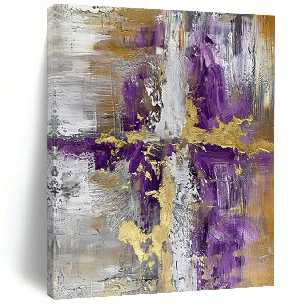 Modern Art Acrylic Purple, Gold, and Gray Abstract Composition HS593