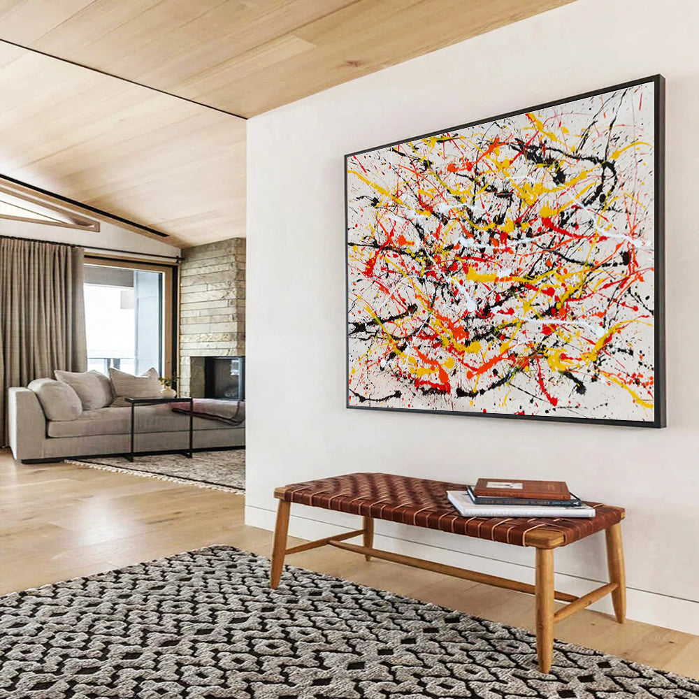 Huge Size Red, Yellow, Black and White Abstract Splatter Painting WB084