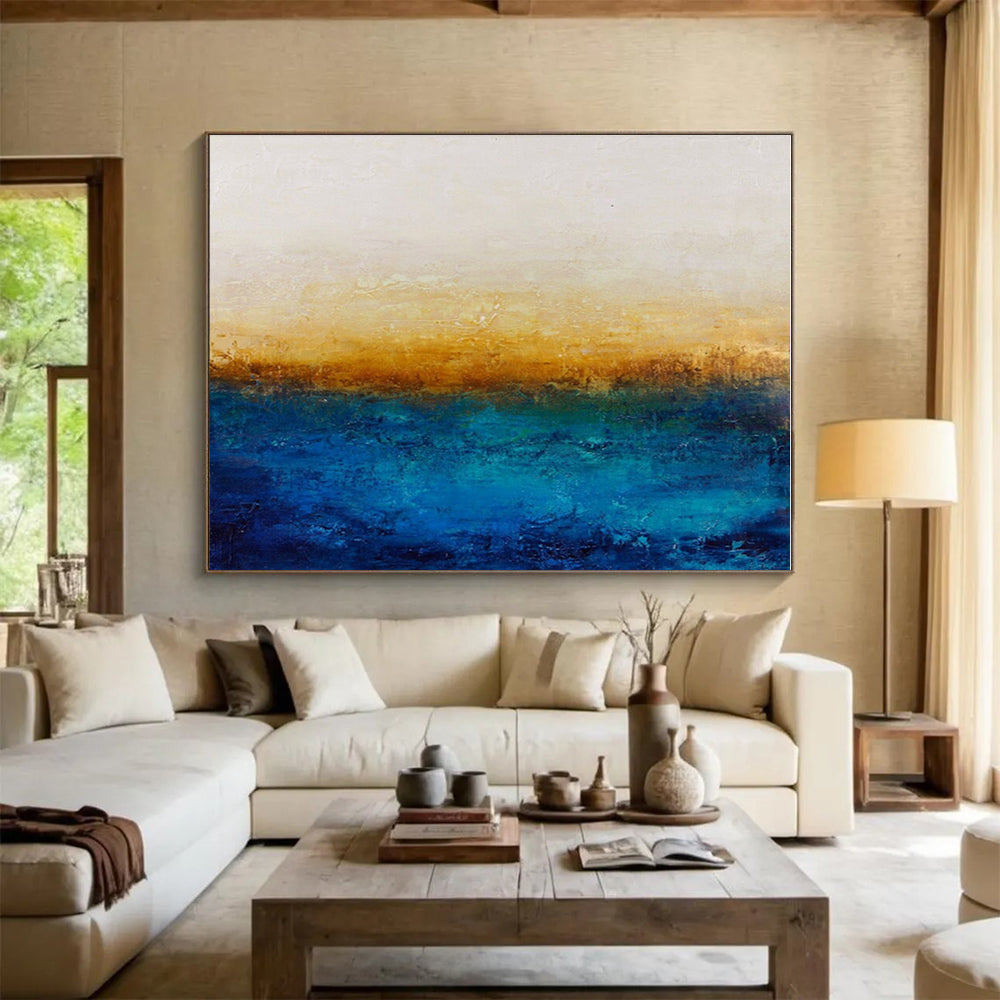 Blue, Yellow, White Abstract Horizon Painting, Abstract Acrylic Art WB006